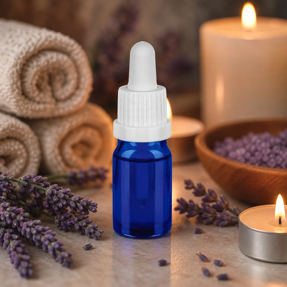 Stijlvolle blauwe pipetfles van 5 ml met mat oppervlak en functioneel druppelsysteem