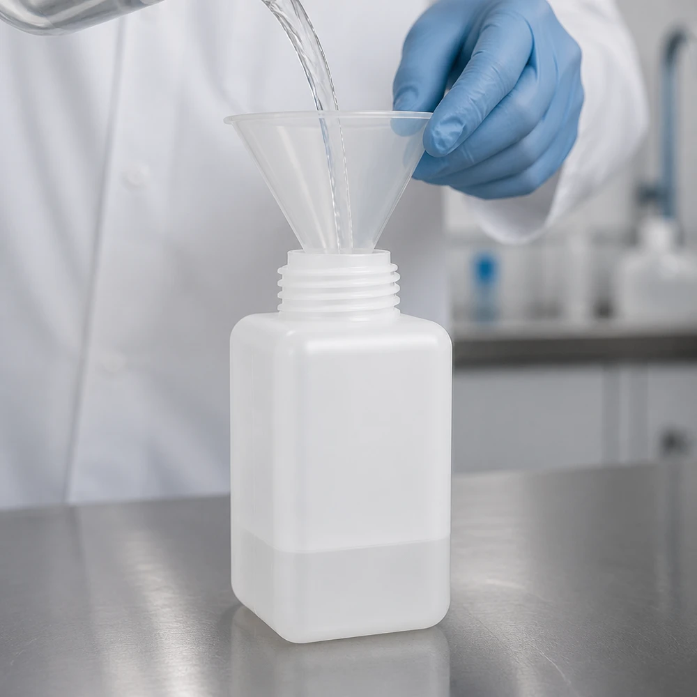 Chemicaliënfles 1000 ml, nauwe hals, incl. sluiting GL 32 Het vullen van een robuuste PE-HD-fles voor chemicaliën van 1000 ml met een heldere vloeistof in een gespecialiseerd laboratorium
