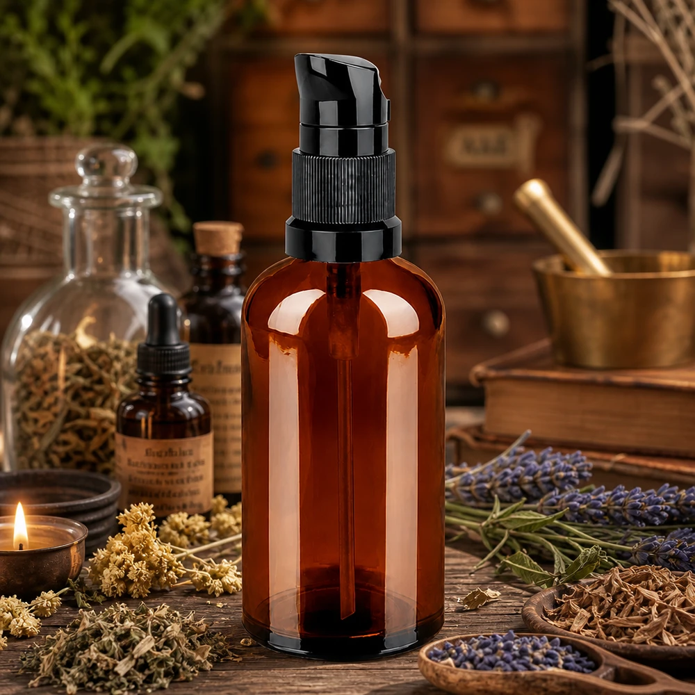 Duurzame glazen verpakking 100ml bruin met duurzaam zwart pompsysteem voor navullen