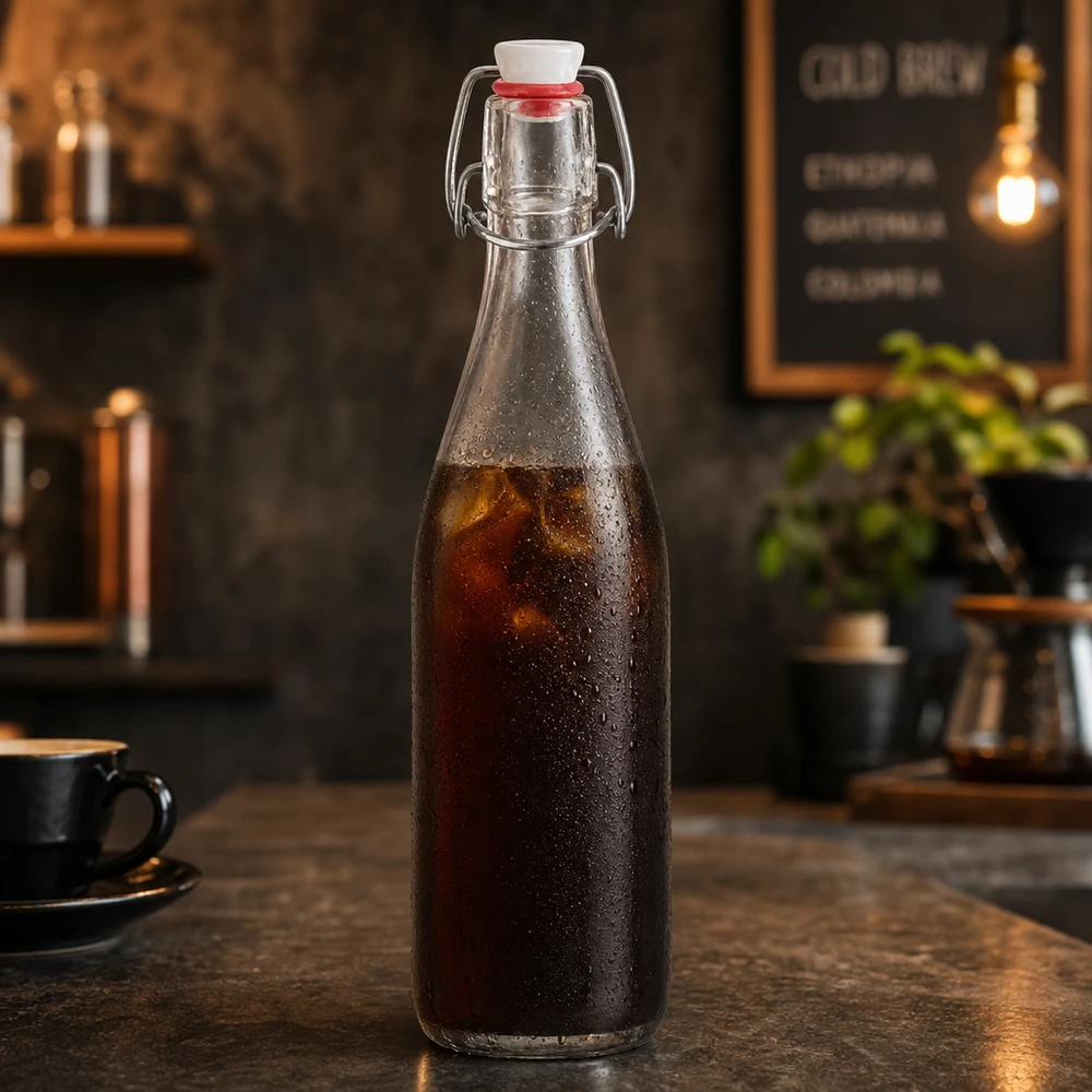 500ml glazen fles + draaidop PVC UNiTWIST 500 ml glazen fles met draaidop gevuld met cold brew koffie in een rustieke café sfeer