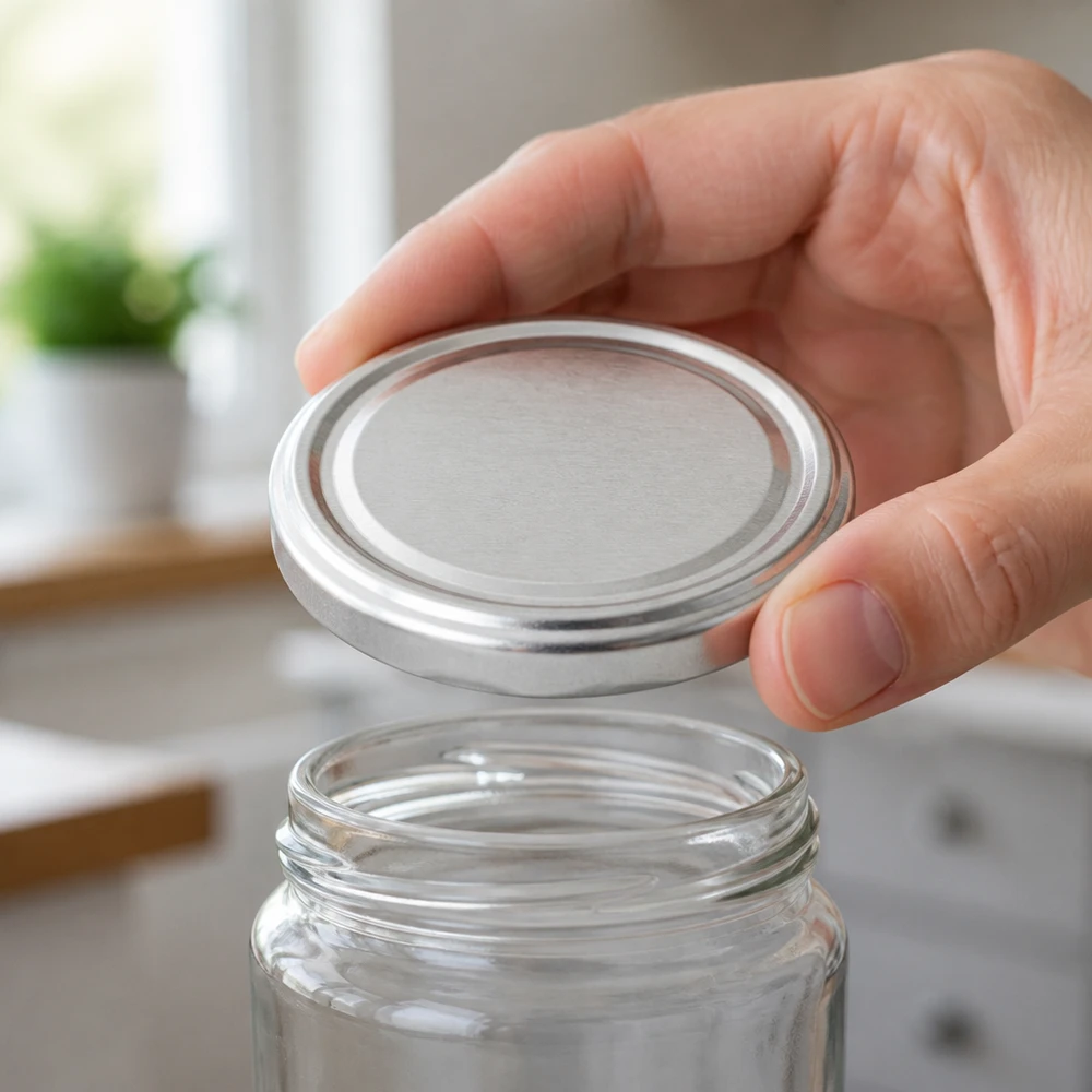 Hand plaatst een UNiTWIST BasicSeal-deksel TO82 (82 mm) op een leeg glazen potje in de keuken