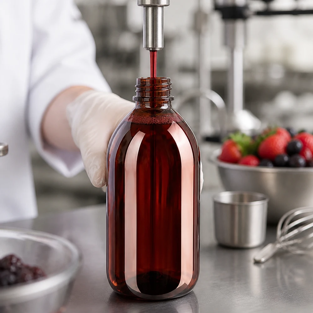 50 ml PET medicijnfles met verstuiver zwart GCMI 28/410 incl. dop transparant, standaard Professionelle Abfüllung von rotem Fruchtextrakt in braune 250ml PET Flasche mit OV