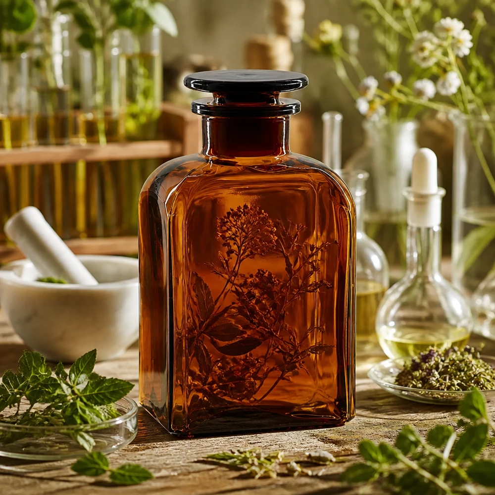 Vierkant-apothekersfles 500 ml wijde hals bruin glas incl. glazen stop Klassieke vierkante apothekersfles van 500 ml van bruin glas met een glazen stop erop