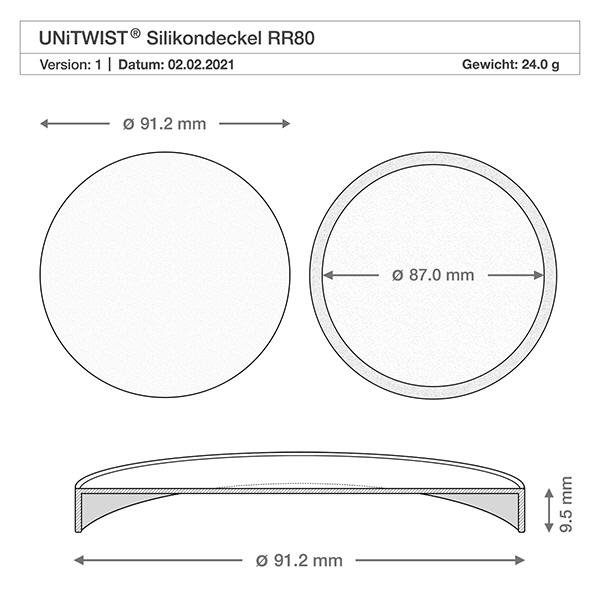 Siliconen deksel wit UNiTWIST voor WECK RR80 Technische tekening UNiTWIST siliconenhoes RR80 met afmetingen 91,2 mm buitendiameter 87 mm binnendiameter