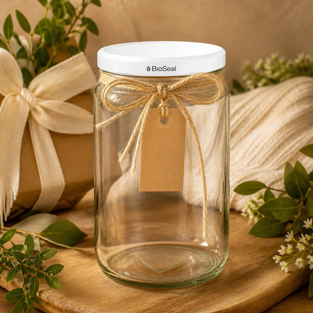 795ml rond glas met BioSeal deksel wit UNiTWIST UNiTWIST Runda795 geschenkdoos met raffia strik en kraftpapier etiket - decoratieve glazen verpakking