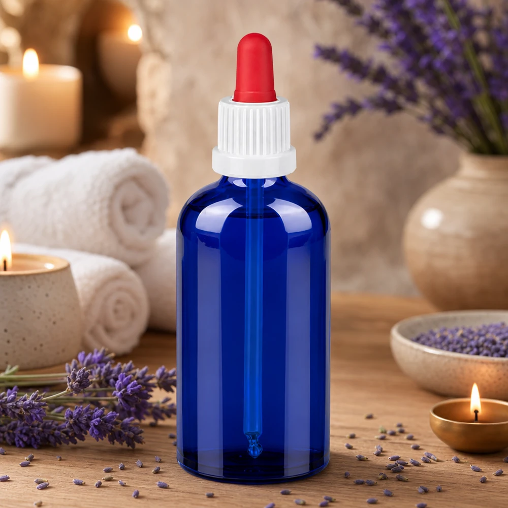 100ml pipetfles wit/rood OV BlueLine UT18/100 Laboratoriumfles 100ml in blauw met nauwkeurig doseerhulpstuk voor wetenschappelijke toepassingen