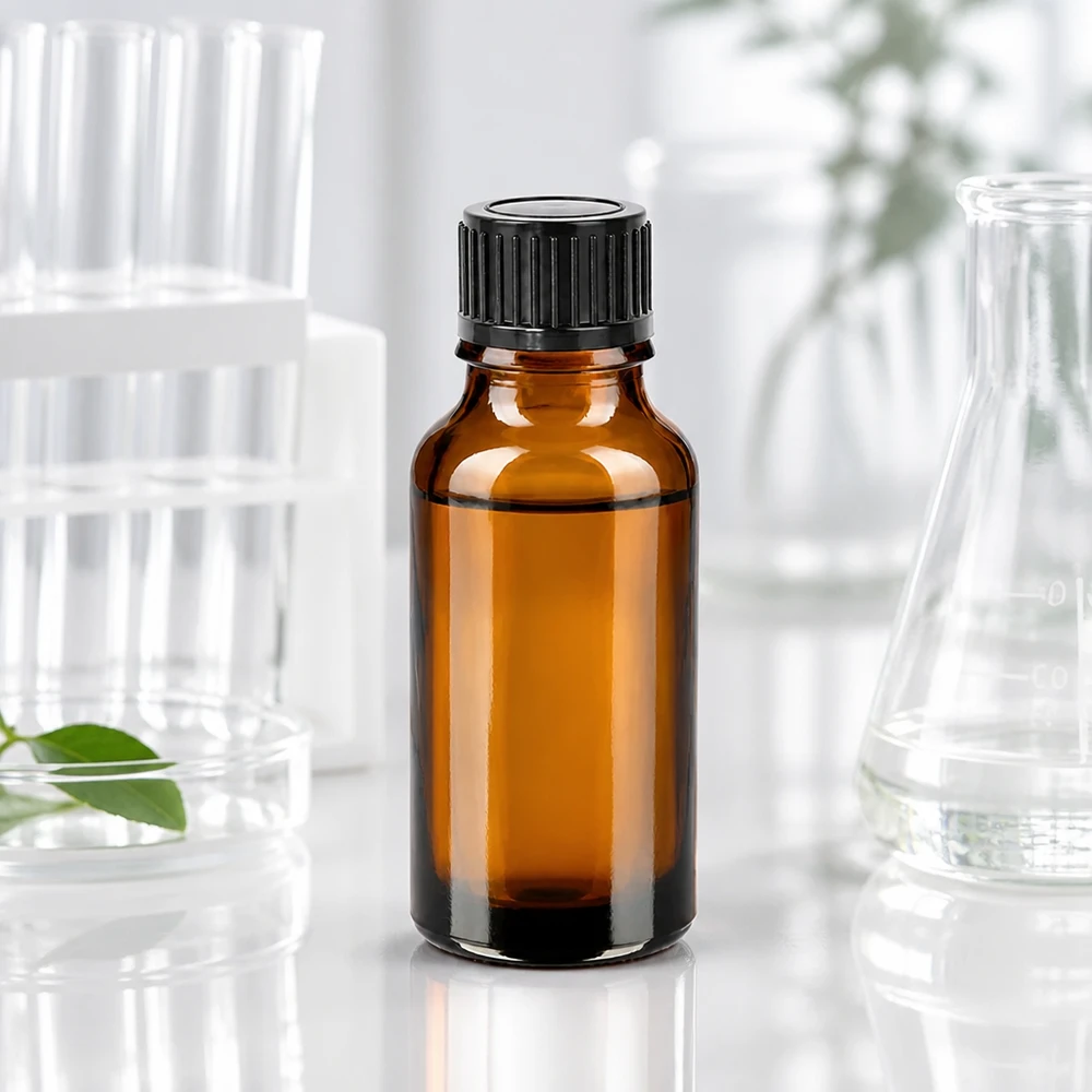 Lichtbeschermd glazen flesje van 20 ml in amberkleur met robuust zwart deksel
