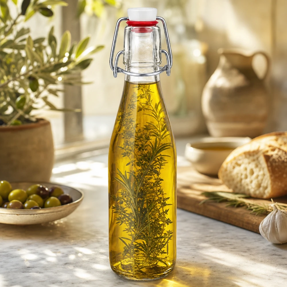 Glazen fles van 250 ml + zwenktop porseleinen UN... 250ml glazen fles met draaidop gevuld met kruidenolie, decoratief keukentafereel met olijven en brood