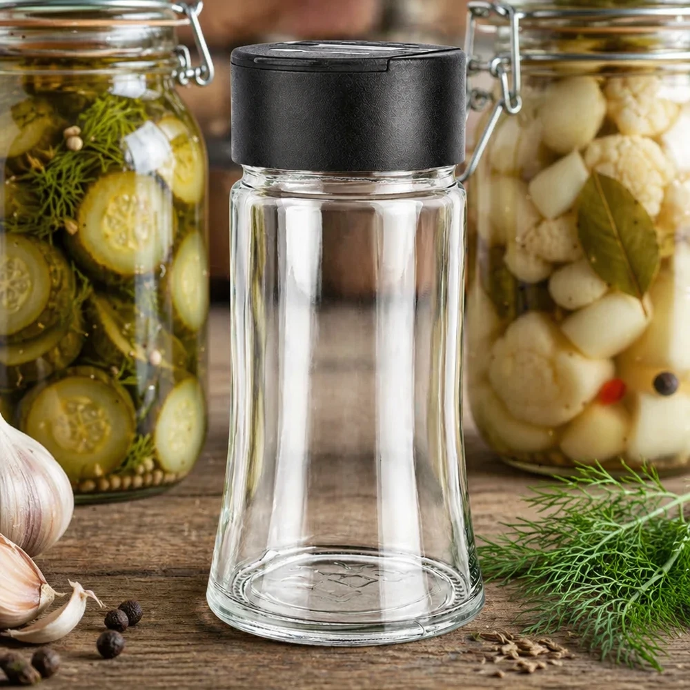 95 ml strooibus van helder glas met een zwarte dubbele deksel, omringd door inmaakpotten en kruiden