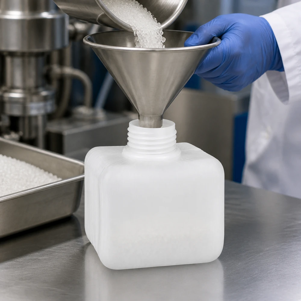Chemicaliënfles 250 ml, nauwe hals Vierkante witte PE-HD-fles voor chemicaliën van 250 ml met GL28-dop en roestvrijstalen trechter op een laboratoriumtafel