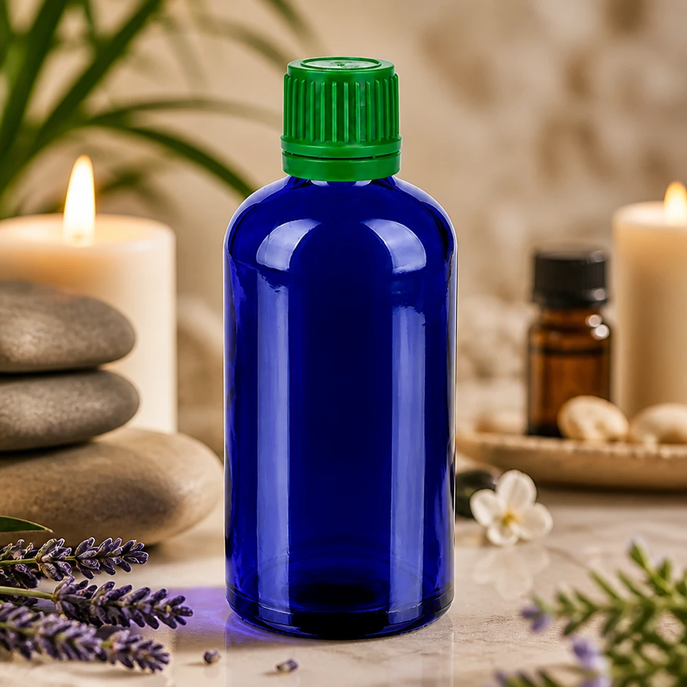 Elegante blauwe 100 ml voorraadfles met hoogwaardige groene kunststof dop SV-System