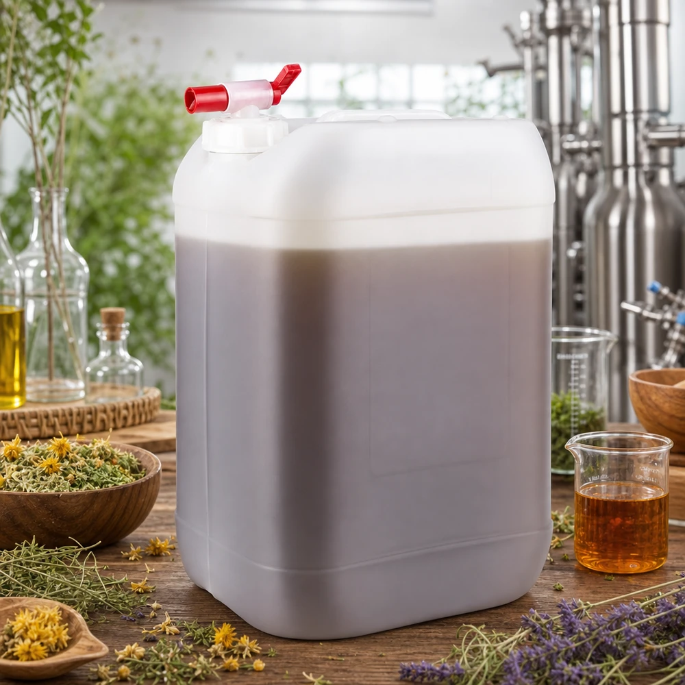 25l jerrycan met aftapkraan, UN-toelating Stevige vloeistofkan van 25 liter met doseerkraan, naast een maatbeker en botanische ingrediënten