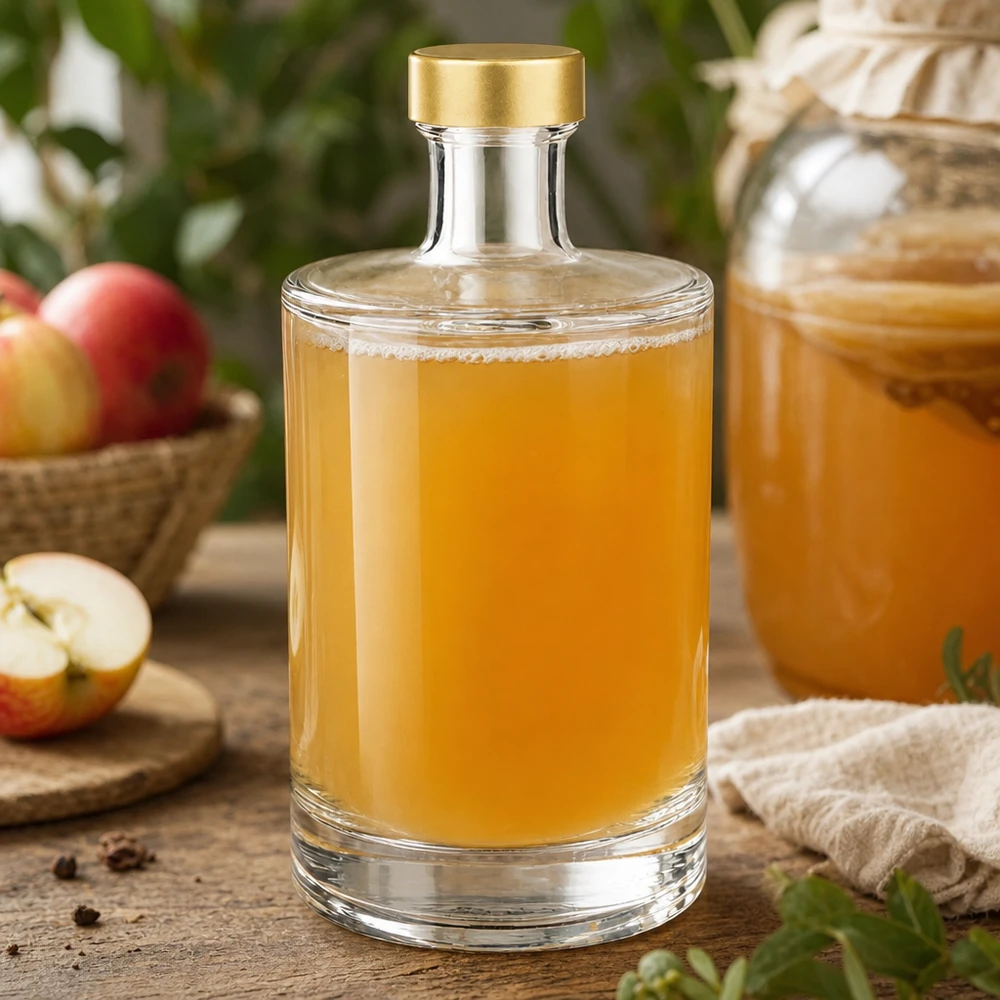 500ml glazen fles Sam gevuld met appelsap gouden UNiTWIST dop rustieke appel decoratie houten tafel