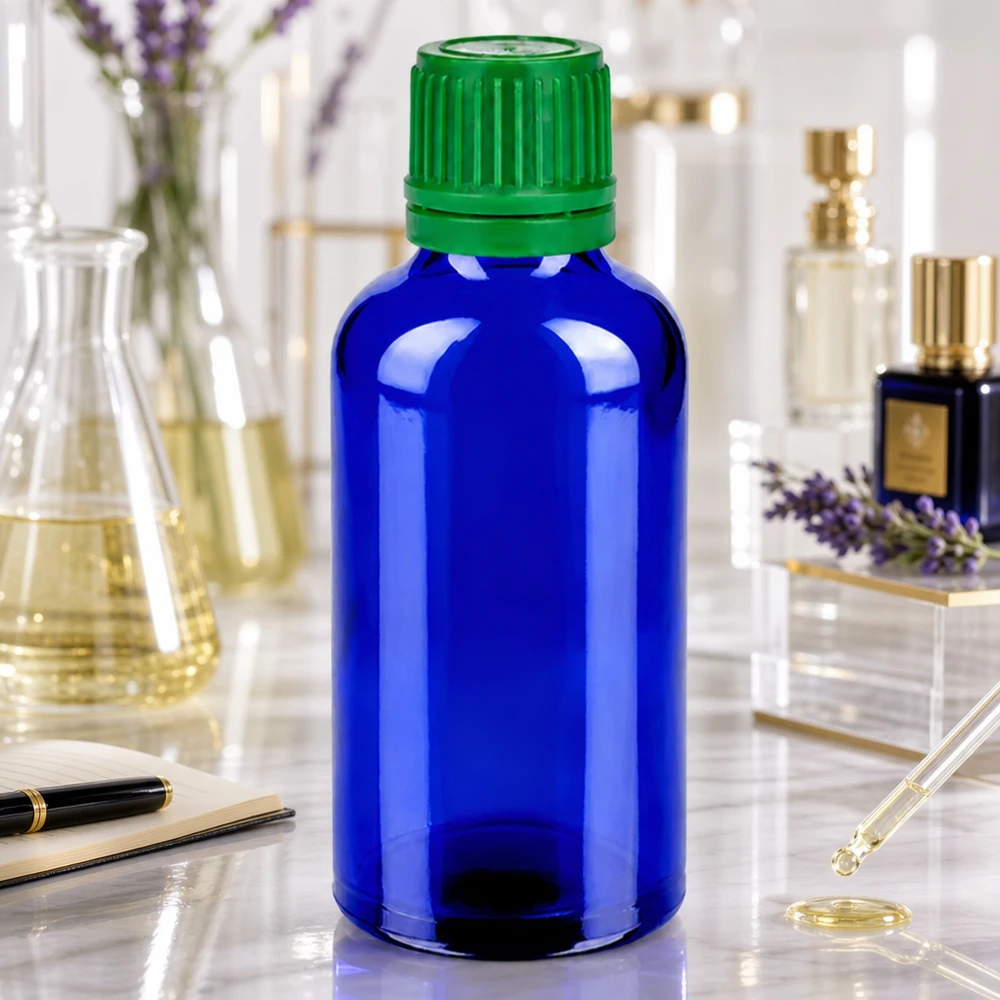 50ml flacon 11mm SV groen OV BlueLine UT18/50 Moderne designfles van 50 ml met contrasterend blauwgroen kleurenschema voor hoogwaardige producten