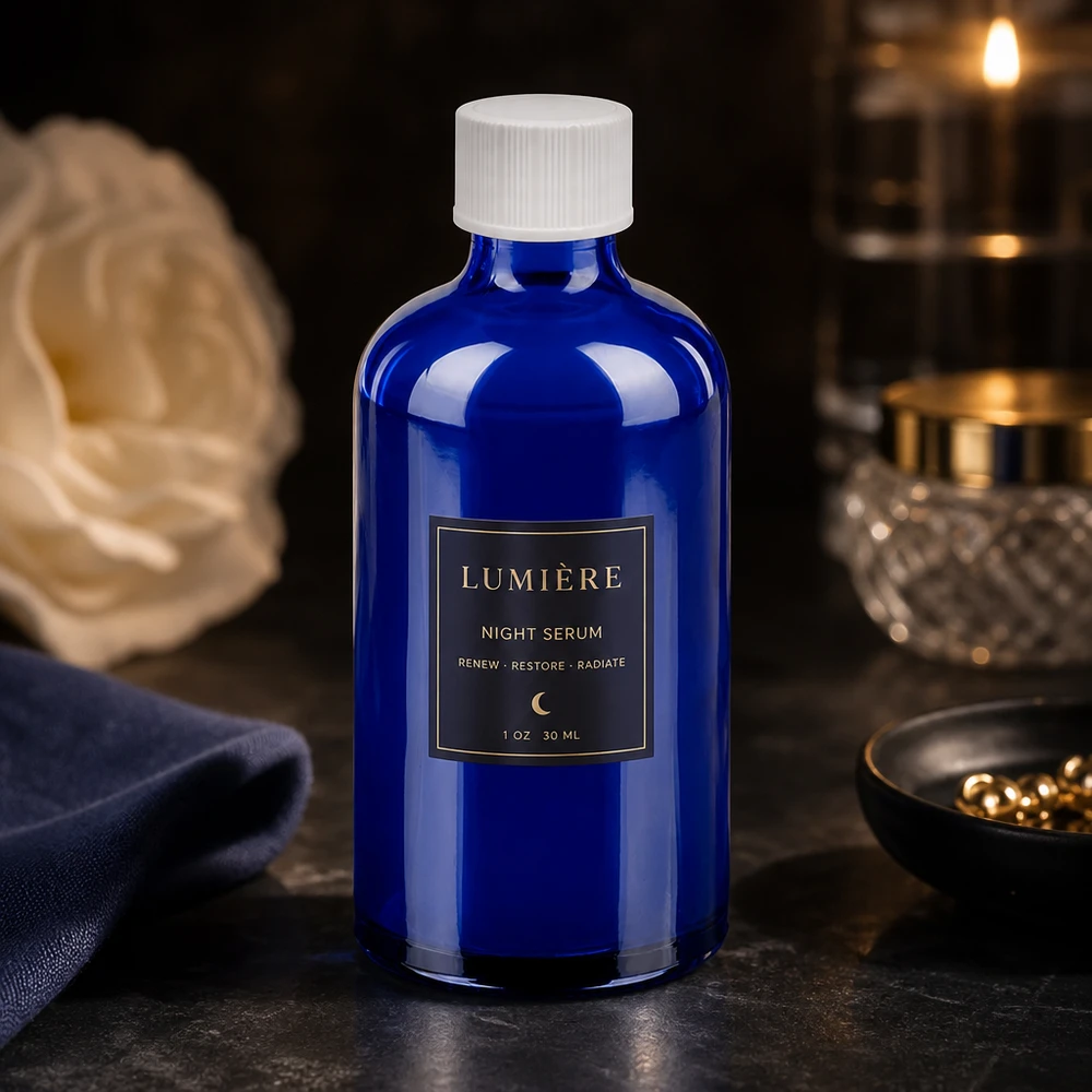 Stijlvolle glazen fles van 100 ml met een matte look in kobaltblauw voor hoogwaardige schoonheidsproducten