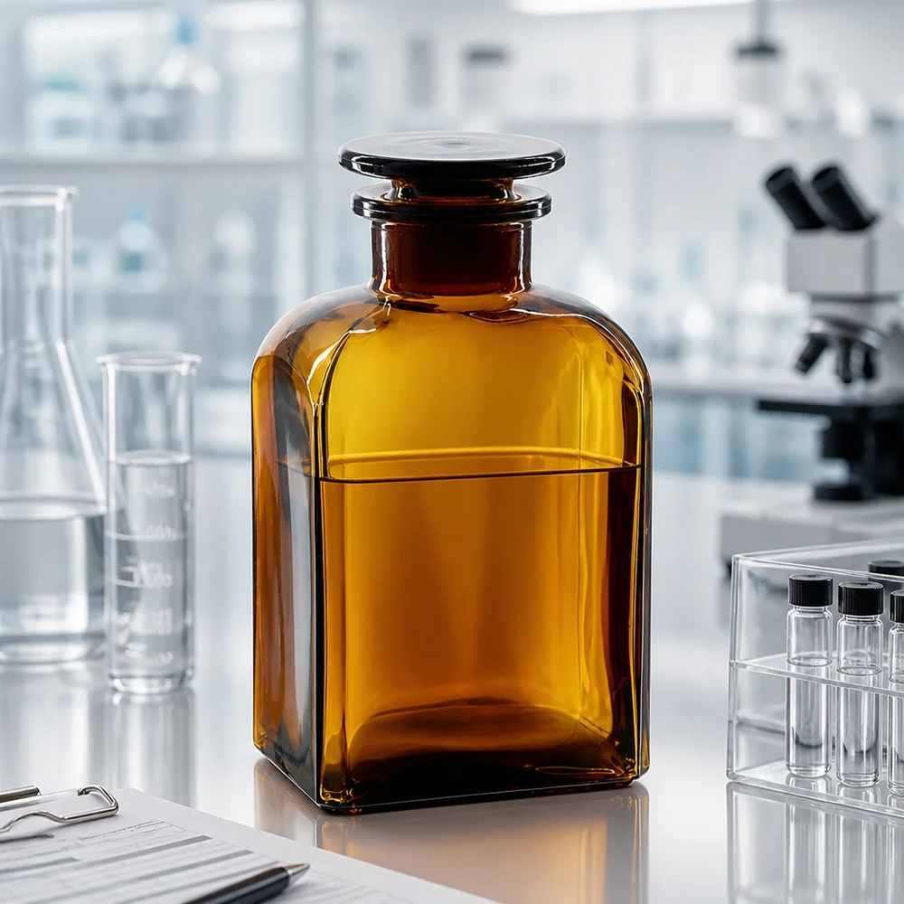 Chemische fles van 500 ml, bruin, met glazen stop, ruimtebesparend en stapelbaar, voor laboratoriumgebruik