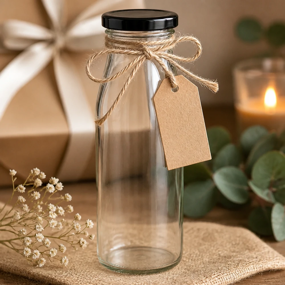 500 ml glazen fles met zwart deksel als geschenk versierd met jute koord en rustiek geschenklabel