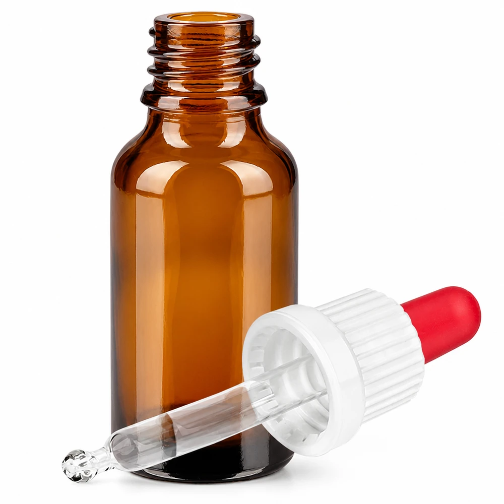UV-beschermende pipetfles 20ml in bruin met ergonomische druppeldop voor medicijnen