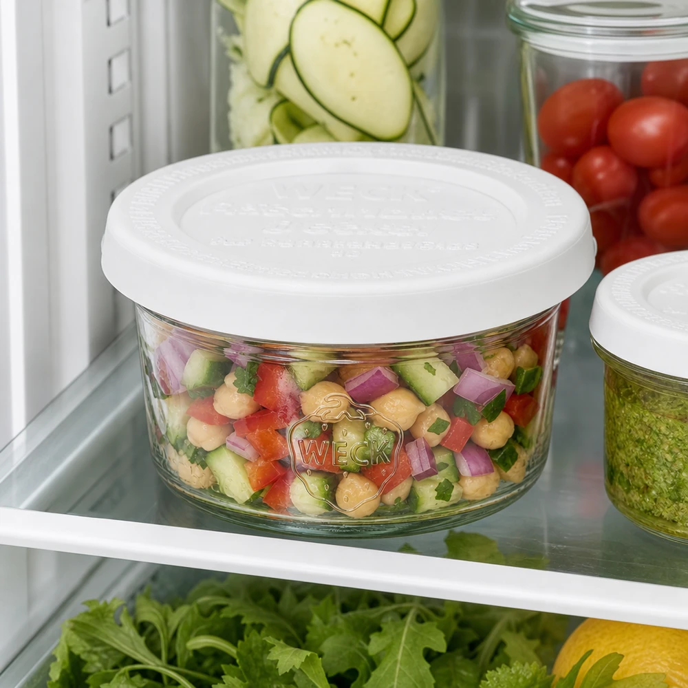50ml stortglas met vershouddeksel WECK RR60 WECK 50ml RR60 bekers met kleurrijke salade in de koelkast tussen verse ingrediënten voor het praktisch bewaren van maaltijden