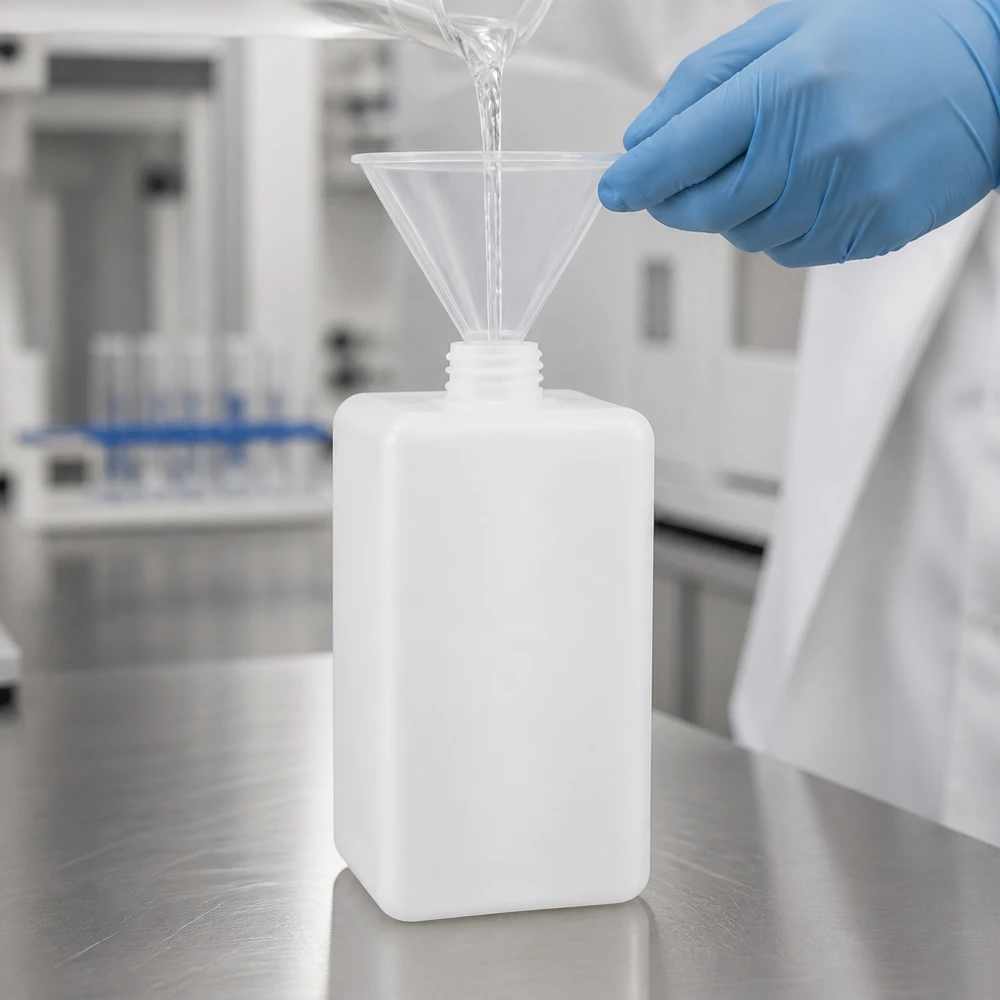 Chemicaliënfles 1500 ml, nauwe hals Vloeistofoverdracht met trechter in een robuuste PE-HD-fles met smalle hals van 1500 ml, laboratoriumkwaliteit