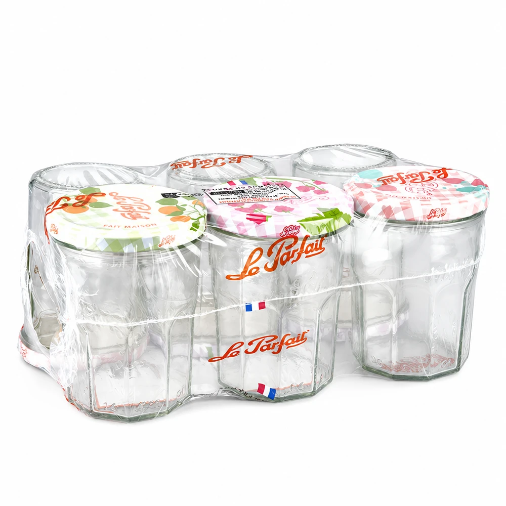 Le Parfait Jam bekers 385ml in een pak van 6 met kleurrijke krimpverpakte schroefdeksels