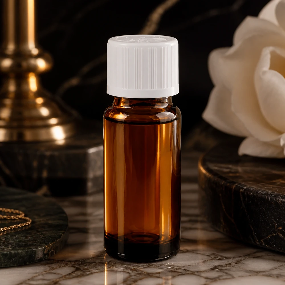 Bruine glazen fles 10ml met wit druppelsluiting kinderslot St Amberkleurig glazen flesje van 10 ml met een witte KiSi-dop tussen gouden decoratieve elementen