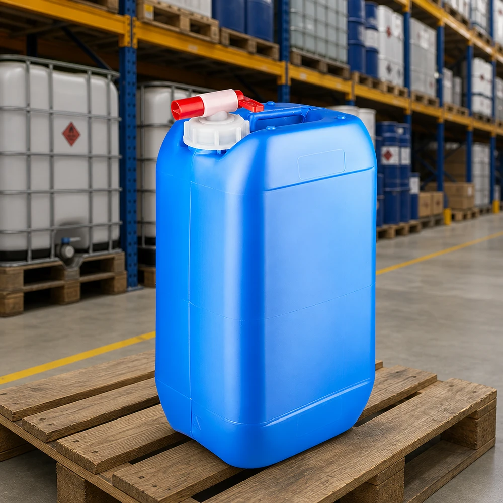 Blauwe vloeistoftank van 15 liter met aftapkraan voor brandstof, water en chemicaliën
