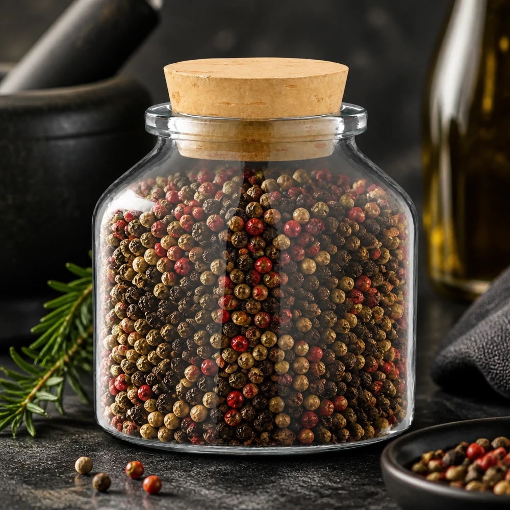 Idee voor een glazen kruidenpotje: Rond 100 ml helder incl. kurk 22/26 Doorzichtig kruidenpotje van 100 ml met kurken deksel en veelkleurige peperkorrels in een keukendecor
