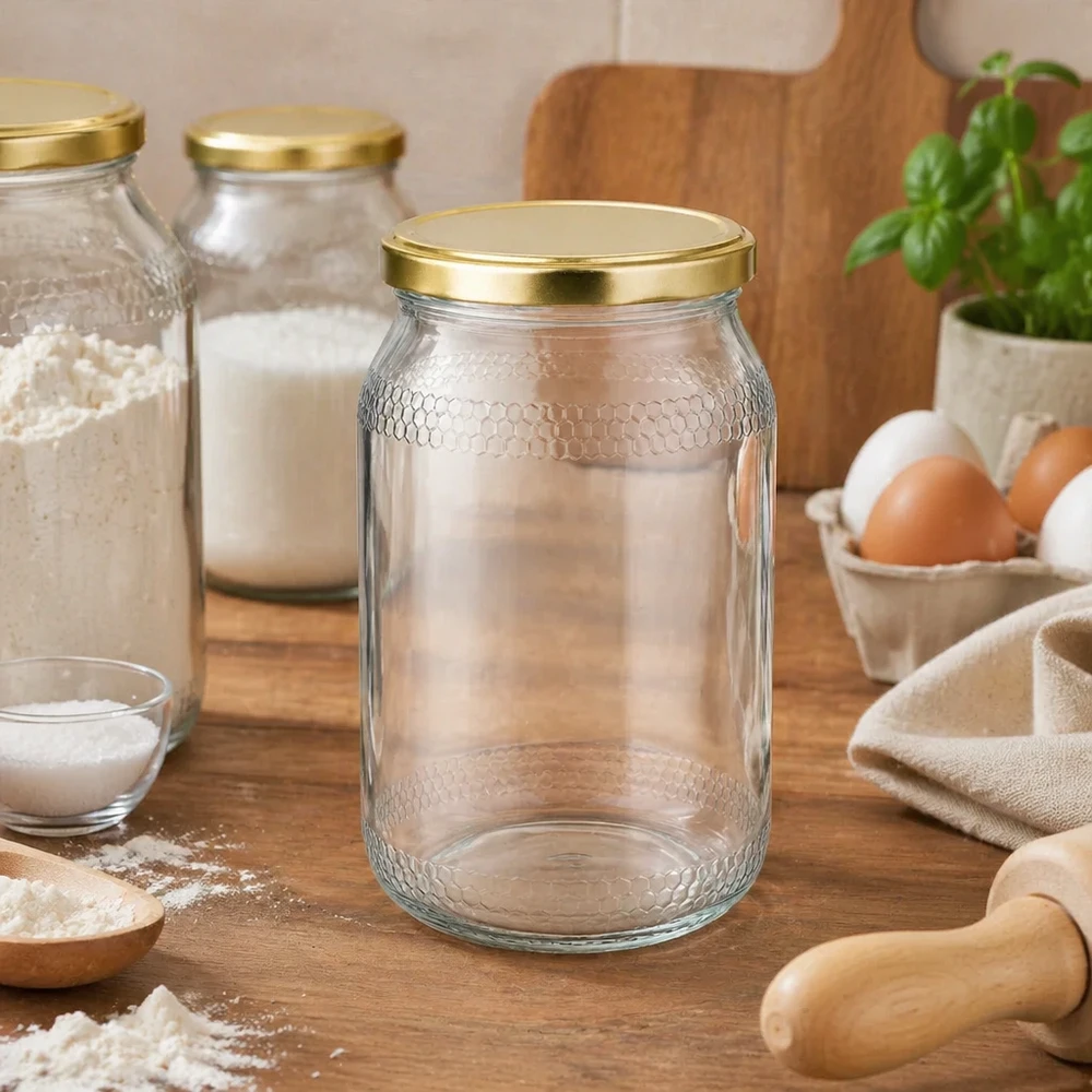 Lege 900ml honingpot met honingraatstructuur en gouden deksel in een rustieke keukenscène met bakingrediënten