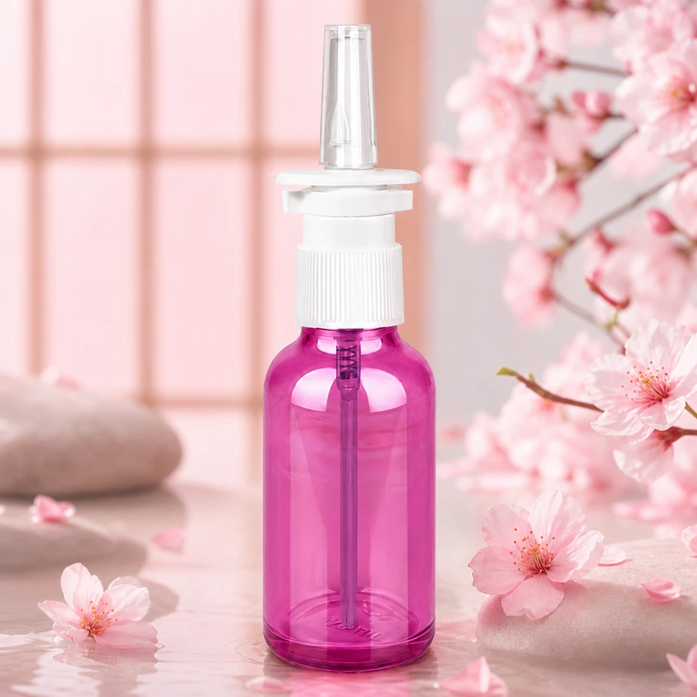 30ml neussprayfles wit/transparant standaard PurpleLine. UT18/30 Handig plastic flesje van 30 ml in transparant paars met standaard verstuiveropzetstuk voor vloeibare medicatie