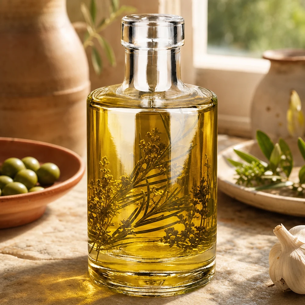 Glazen fles Marie 200ml gevuld met kruidenolie Toepassing voorbeeld Keuken Mediterrane decoratie Lifestyle