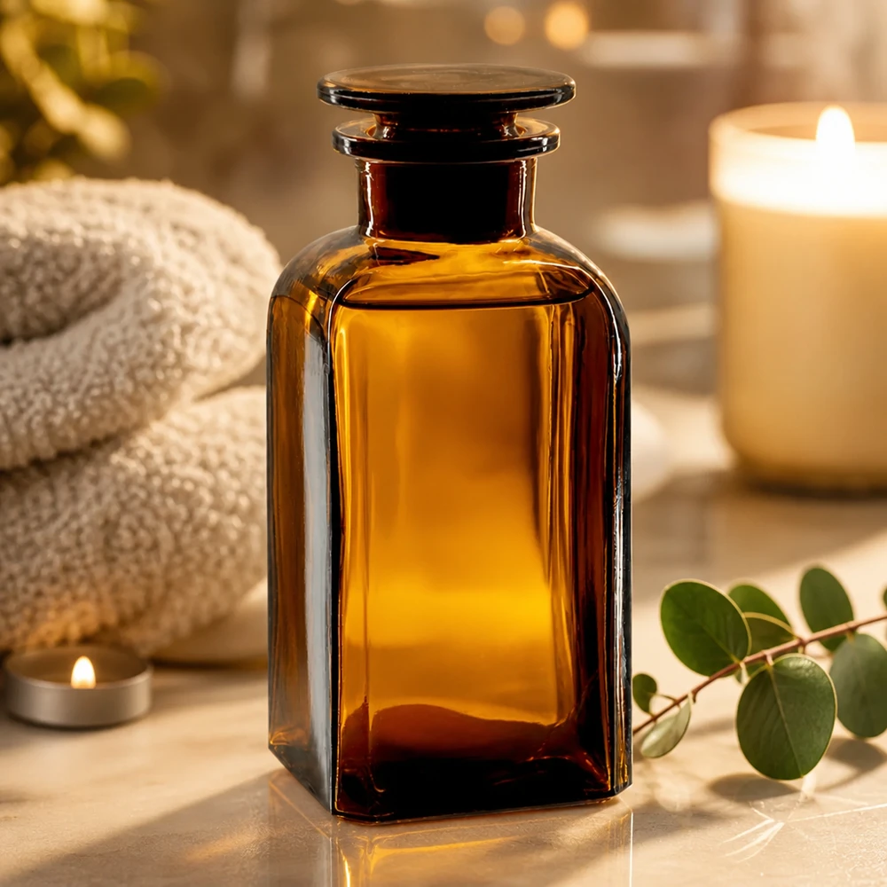 Vierkant-apothekersfles 350 ml wijde hals bruin glas incl. glazen stop UV-bestendige vierkante fles van 350 ml, bruin, met glazen stop, voor massageoliën en essences