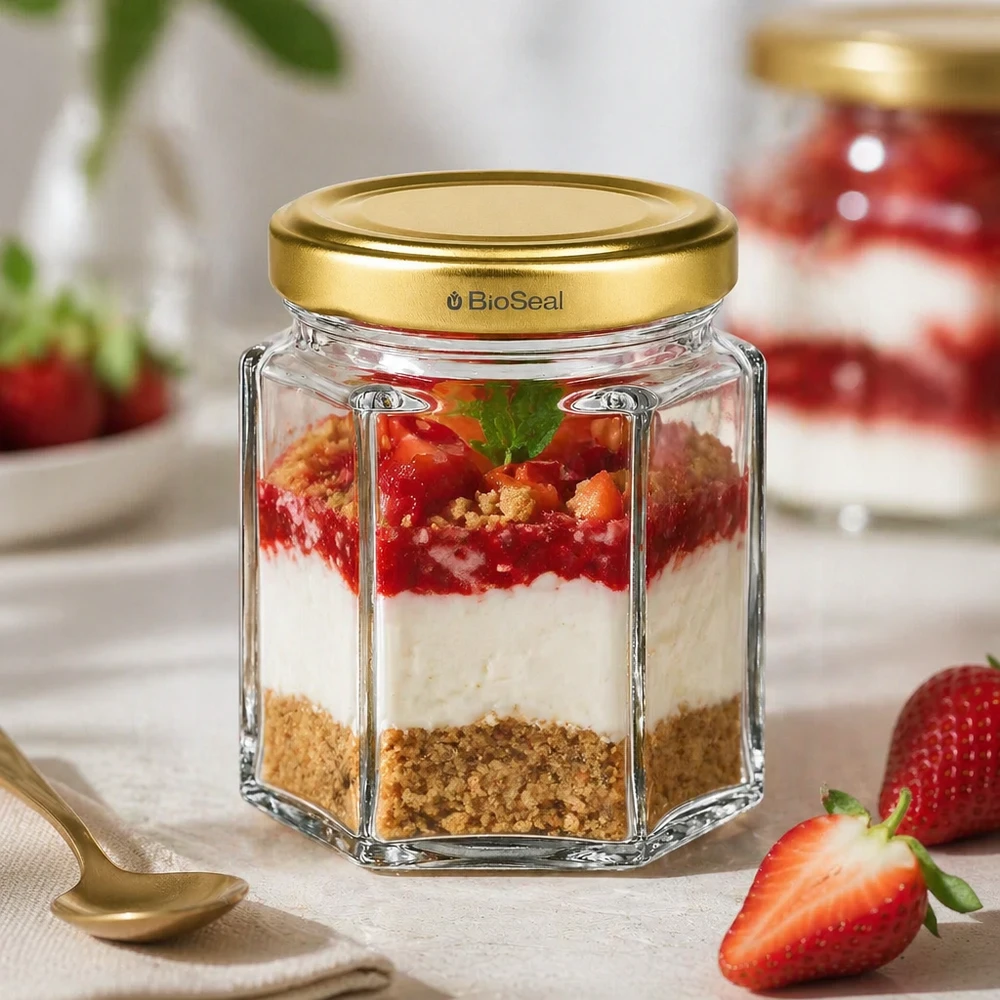 Honingpot 60 g met gouden BioSeal UNiTWIST-deksel BioSeal 60g honingpotje met gelaagd dessert aardbeien cheesecake gevuld naast gouden lepel en verse aardbeien