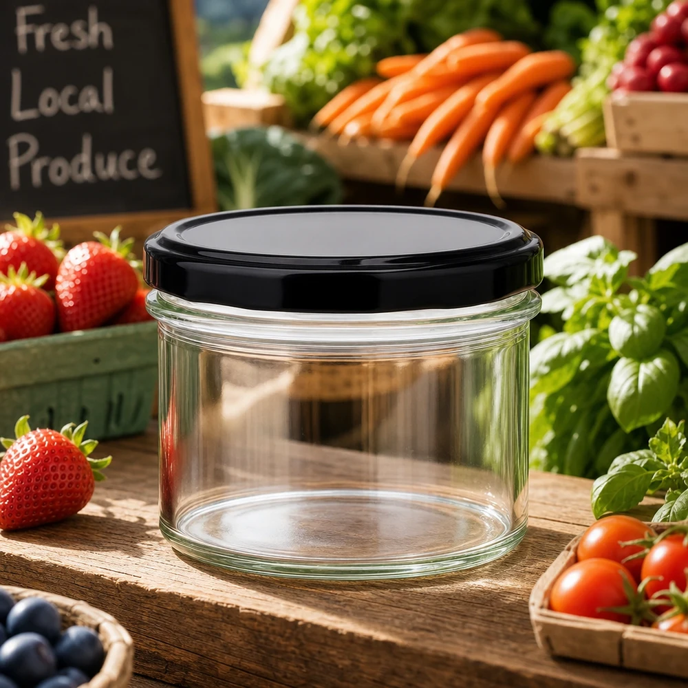 Lege bekers van 225 ml met zwarte deksels in een natuurlijke omgeving tussen vers fruit en groenten