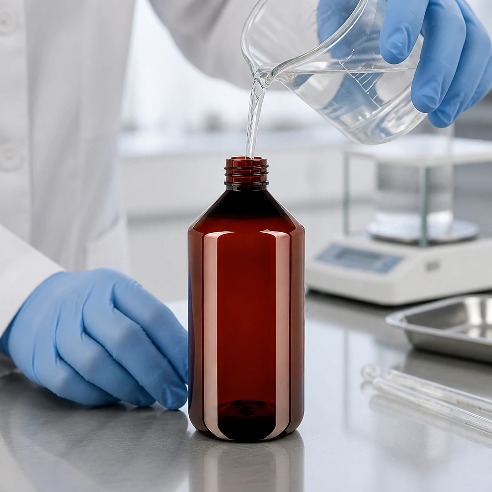 PET fles 750ml met rode verzegelstop Bruine ronde PET-fles van 750 ml met rode originele dop en UV-bescherming voor laboratoriumchemicaliën