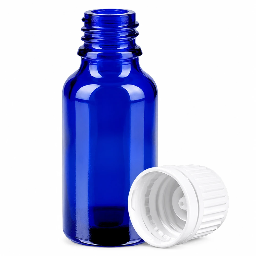 Handig blauw glazen flesje met een inhoud van 20 ml en ergonomische witte dop voor eenvoudig gebruik