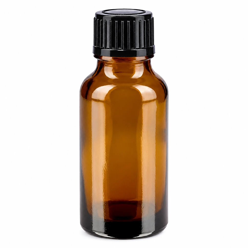 Apothekersglasflesje van 20 ml in amberkleur met zwarte originaliteitssluiting