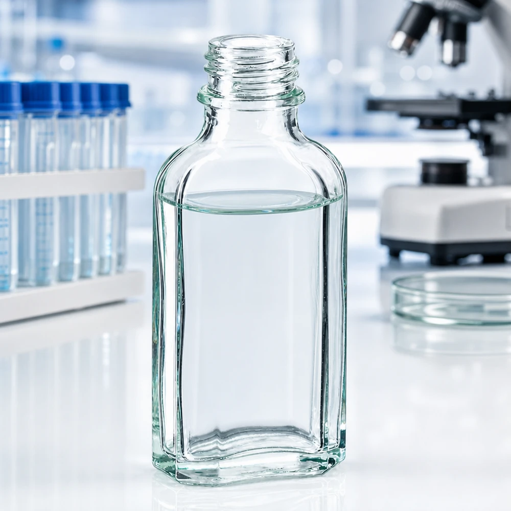 50 ml witte meplatfles met DIN 22 monding Doorzichtige laboratoriumfles van 50 ml, Meplat, met brede bodem en DIN22-sluiting