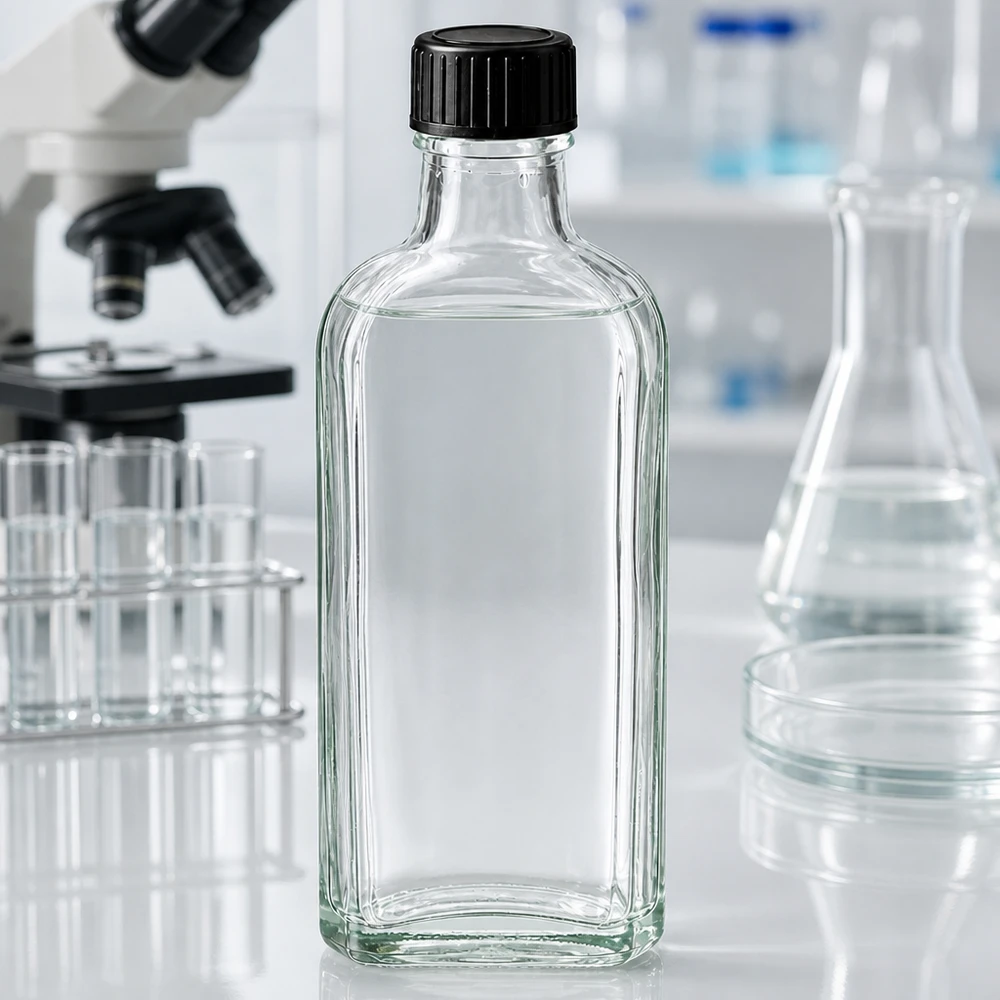 Glasfles van 100 ml, plat en helder, geschikt voor chemicaliën, farmaceutische producten en laboratoriumtoepassingen