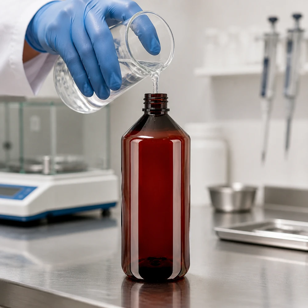 Overzichtelijke afvulsituatie: bruine PET-fles van 1000 ml met een blauwe laboratoriumhandschoen en een maatbeker