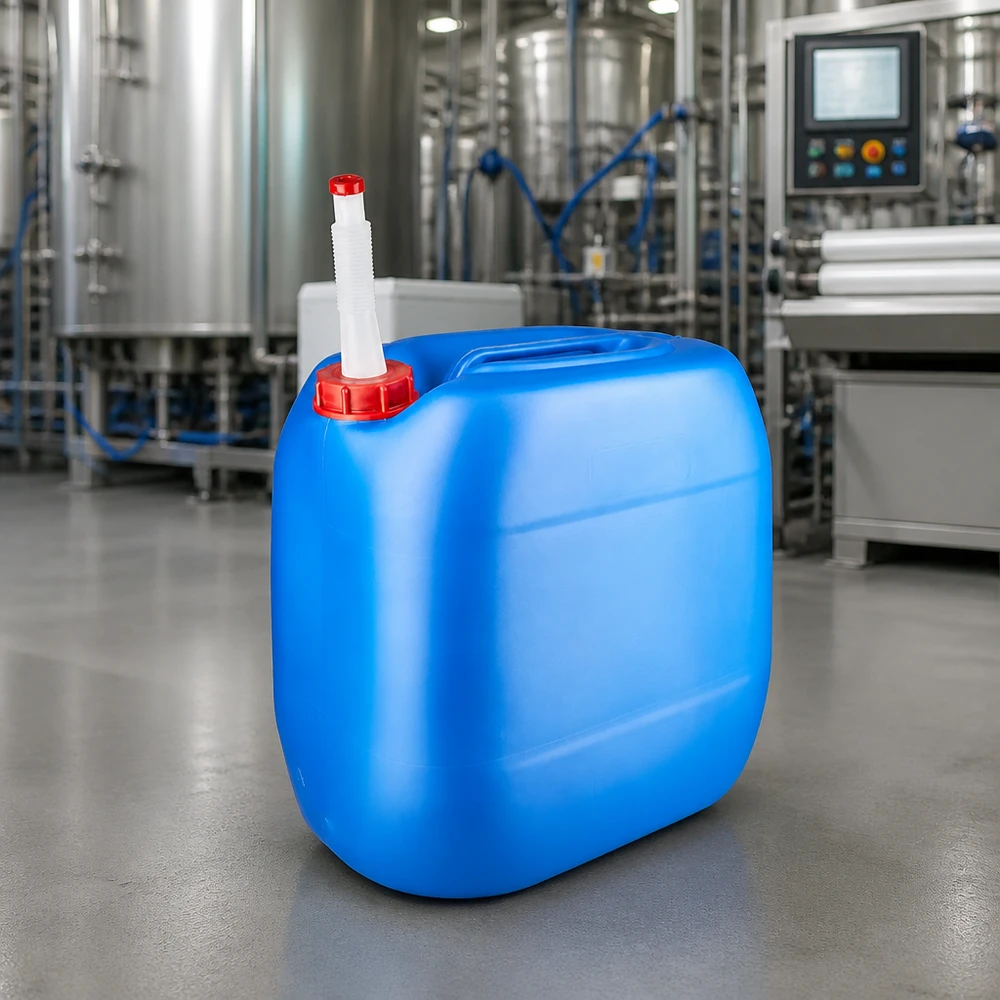 Voedselveilige blauwe kunststof jerrycan van 30 liter met flexibele uitloop en draaggreep aan de bovenkant