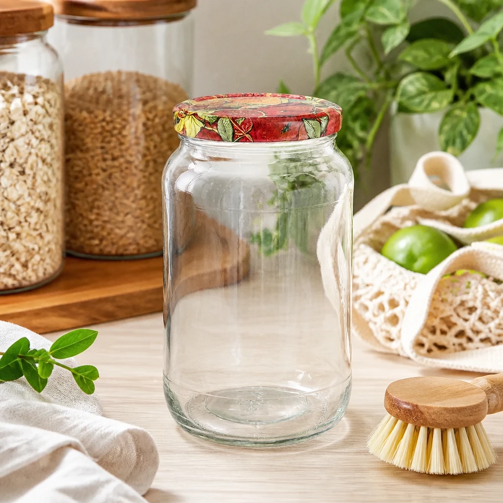 1062ml ronde pot BasicSeal deksel fruit decor keuken duurzaam zero waste opslag granen groenten houten borstel