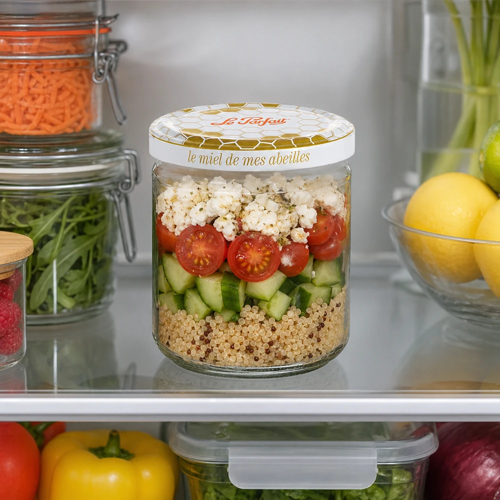 Le Parfait Honing voorraadpot 212ml met gelaagde salade van quinoa komkommer tomaat en feta in de koelkast