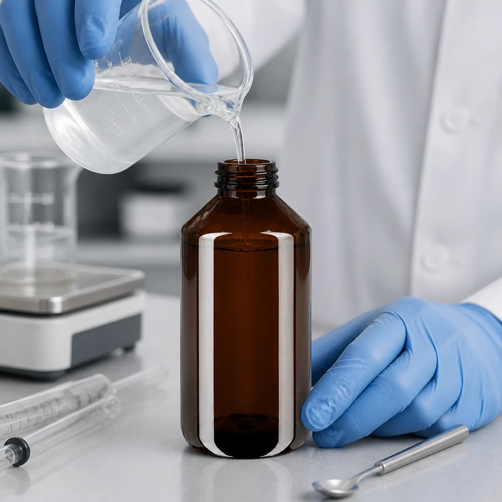Bruine PET-apothekersfles van 750 ml met blauwe dop naast een laboratoriumweegschaal en een spuit