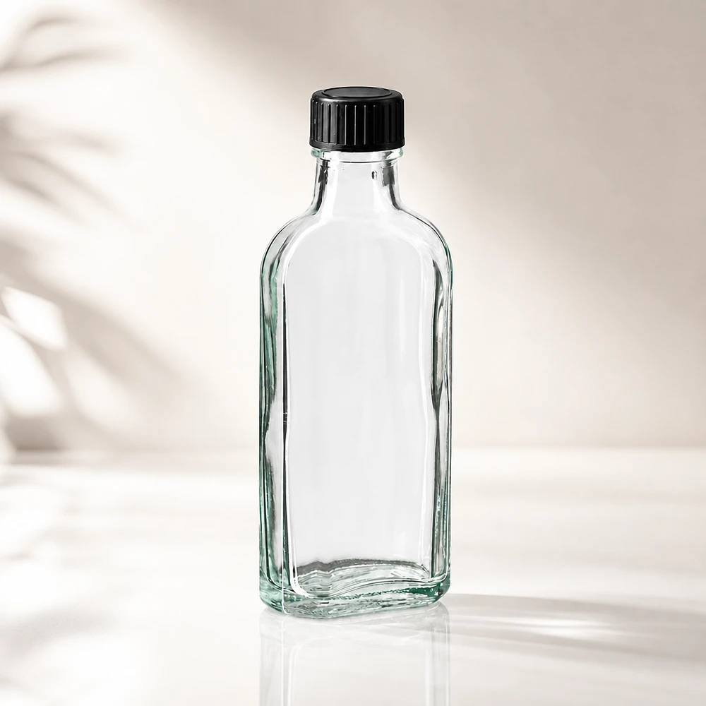 Hoogwaardige, platte glazen fles van 100 ml met een zwarte kunststof schroefdop en een afdichtingsring