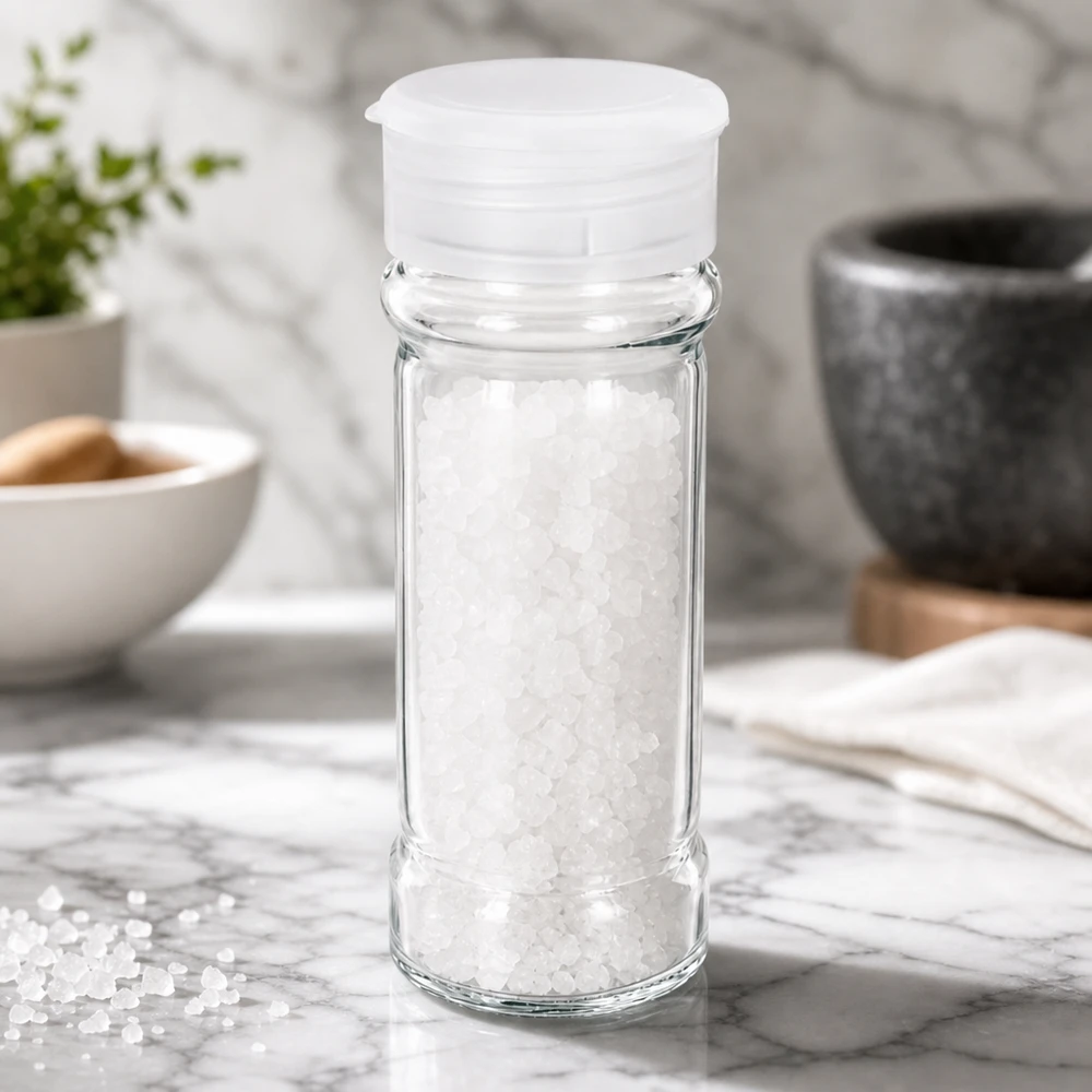 Rond zoutglas van 100 ml met witte strooidop, gevuld met grof zeezout, op een marmeren onderzetter