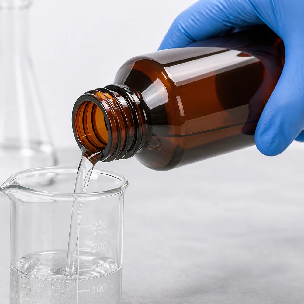 Compacte ronde bruine fles van 100 ml met kindveilige verpakking voor een gecontroleerde dosering