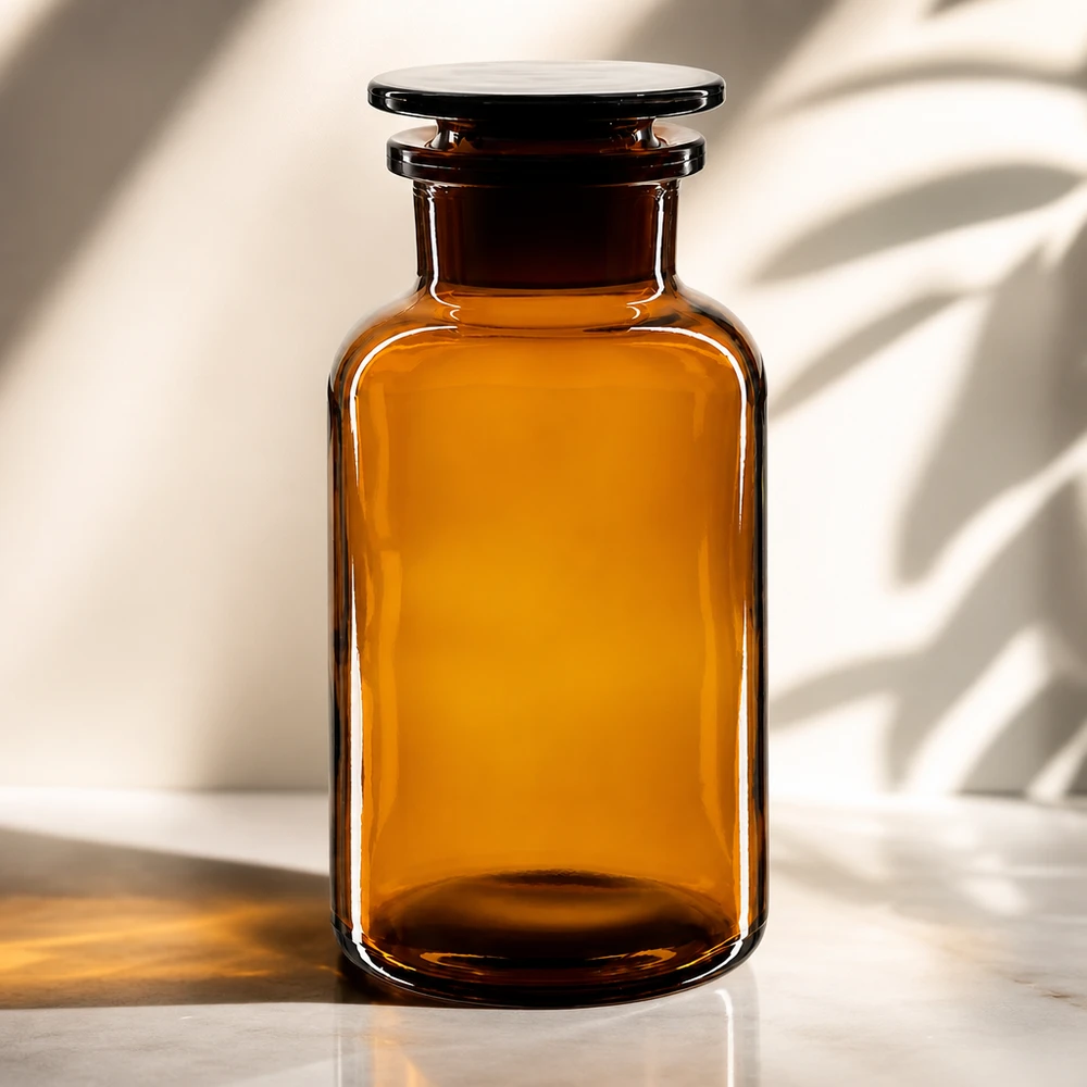 Breedhals-bewaarfles van 500 ml in bruin glas met glazen stop voor veilige bewaring