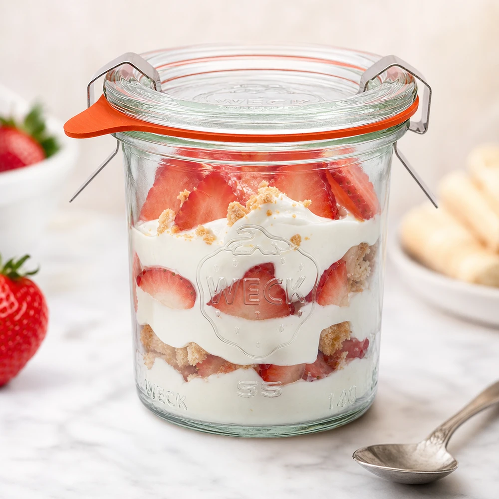 WECK 140ml RR60 bekers gevuld met aardbeienroom dessert als portiepotje met verse aardbeien en koekkruimels