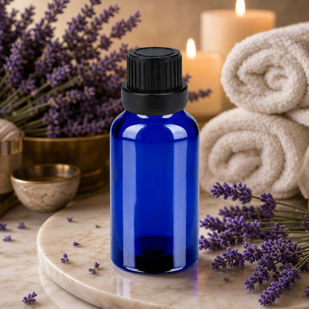 Premium blauw glazen flesje 20ml met stevige schroefdop voor wellness en spa